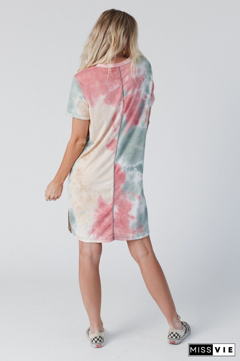 Multicolor Tie Dye Oversized Slit Tee Dress