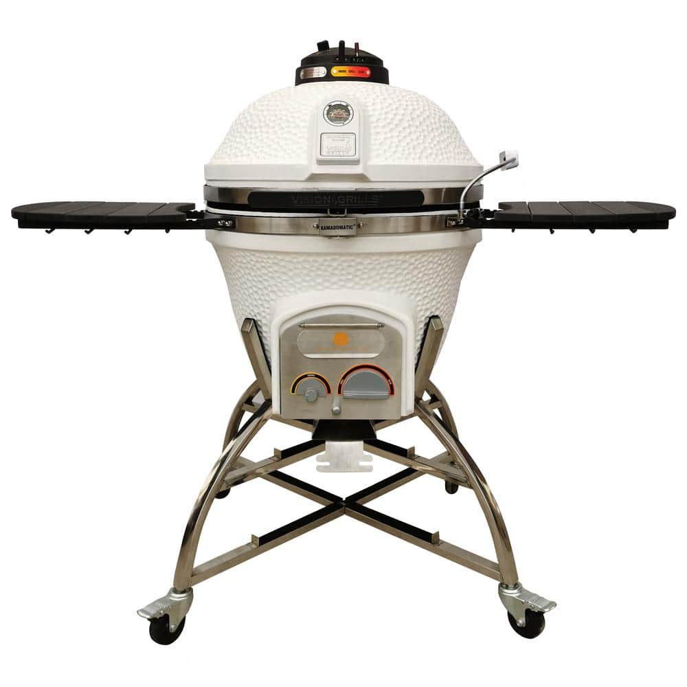 Vision Grills 24 in. Kamado XD702 Ceramic Charcoal Grill in White with Cover, Storage Cart, Shelves, Lava Stone, Ash Drawer XD-702WC