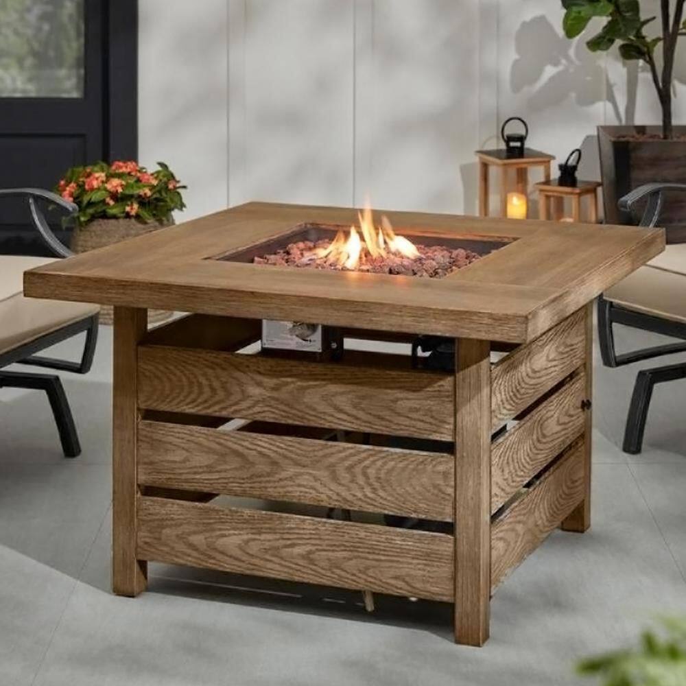 Home Decorators Collection Summerfield 39.5 in. 25 in. Square Steel Brown Wood Look Top LP Gas Fire Pit 2364FP