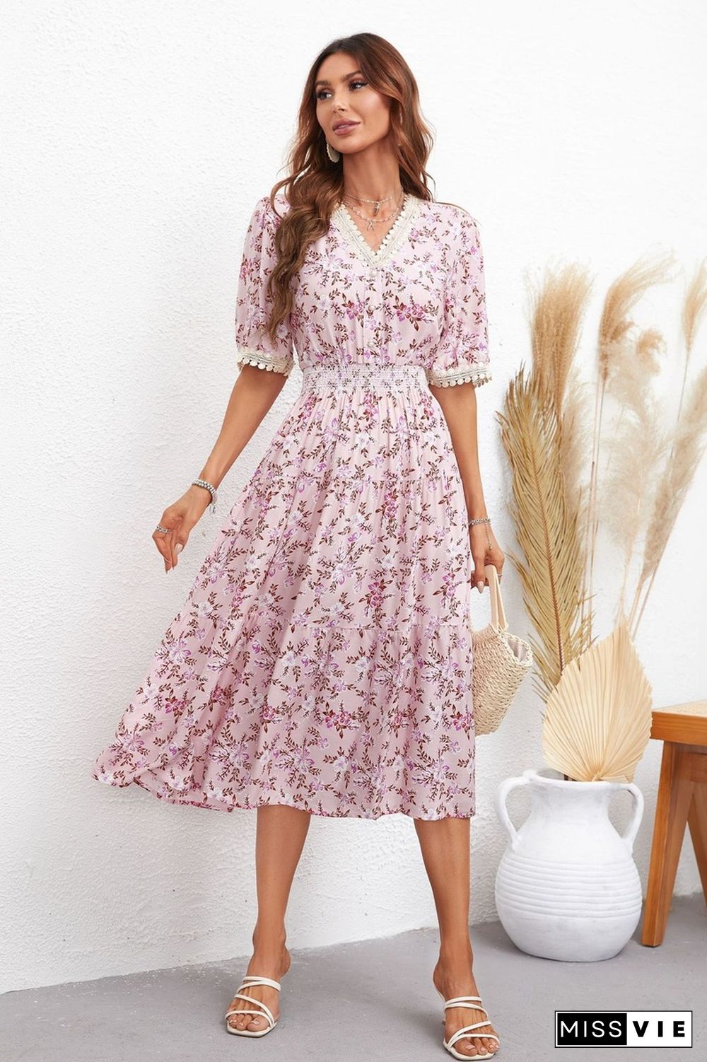 Elegant Floral Print Dress For Women Summer Dresses New Button High Waist Slim Midi Lace V-Neck Short Sleeve Dress