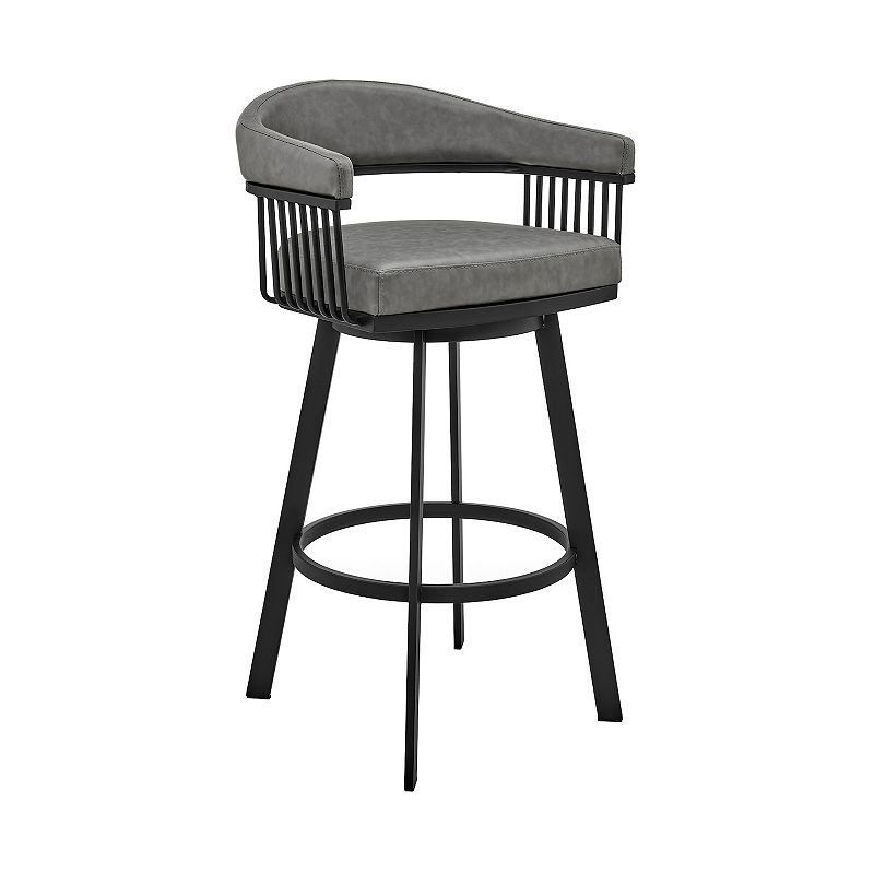 Swivel Barstool with Open Metal Frame and Slatted Arms， Gray and Black