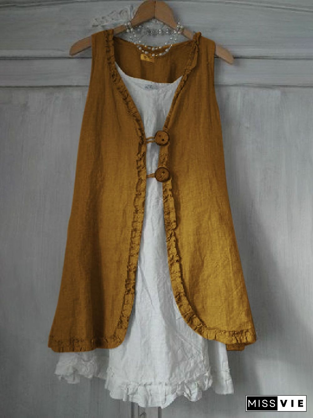 Buttoned Ruffled Sleeveless Linen Solid Shirts & Tops Linen