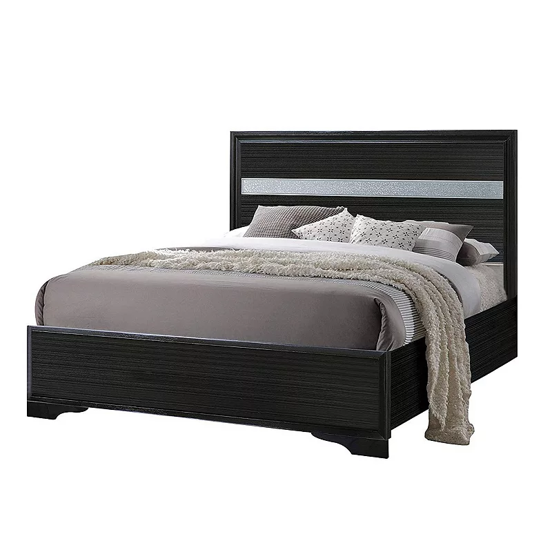 Wooden Twin Size bed with Bracket Legs and Crystal Accented Headboard， Black