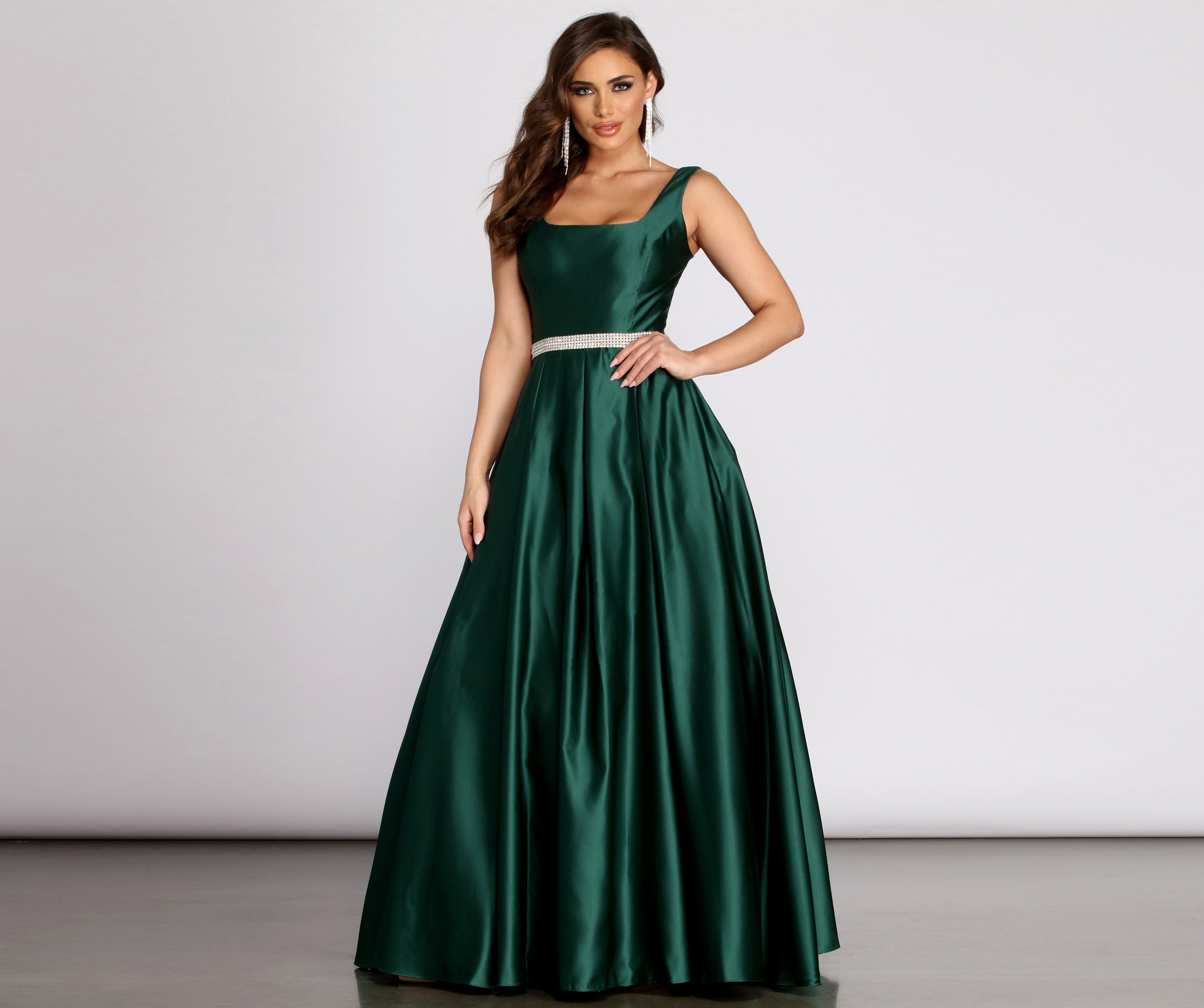 Yenni Satin Rhinestone Trim Ball Gown