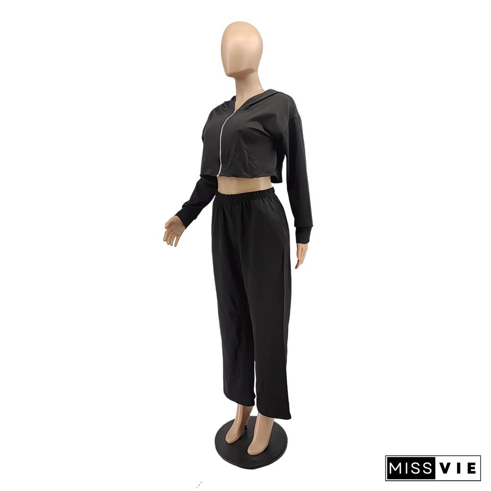 Thicken Zip Hooded Crop Top Wide Leg Pants Set