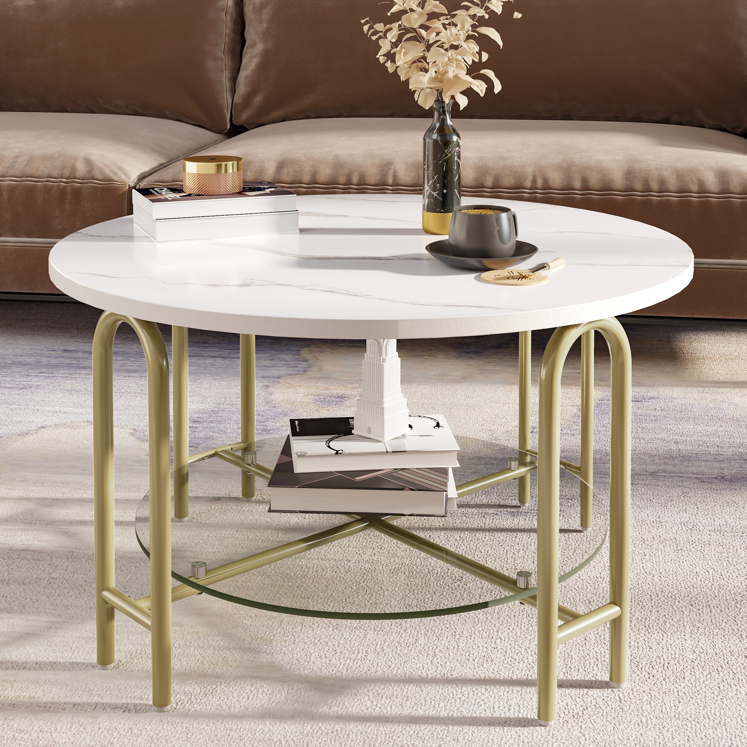 Round Coffee Table with Glass White Marble Top Gold Frame