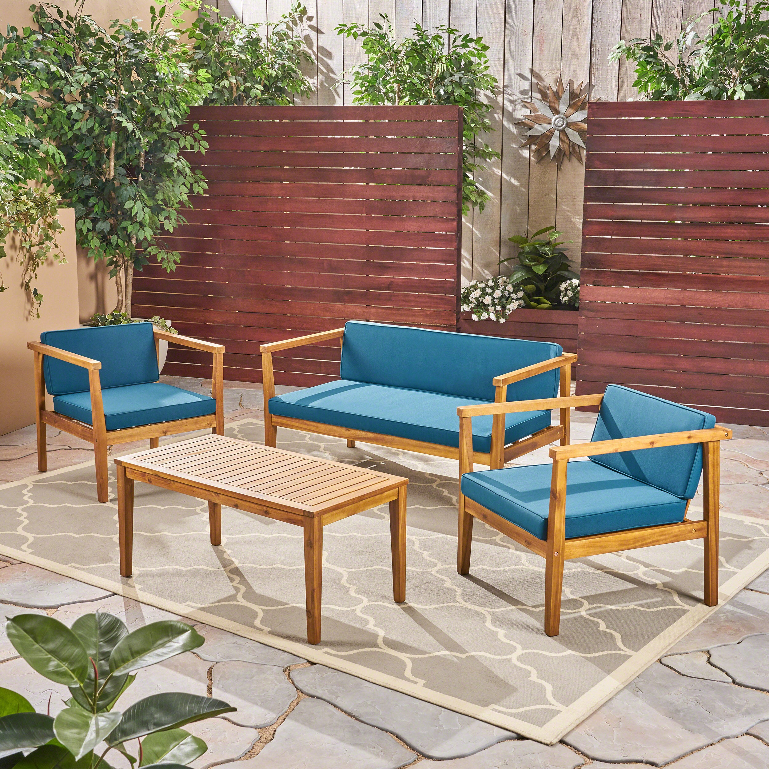 Maddox Outdoor 4-Seater Acacia Wood Chat Set with Coffee Table