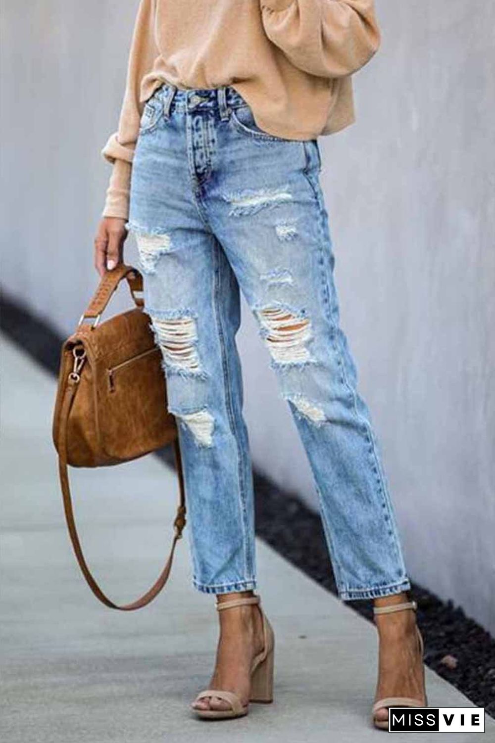 Mid Waist Ripped Jeans