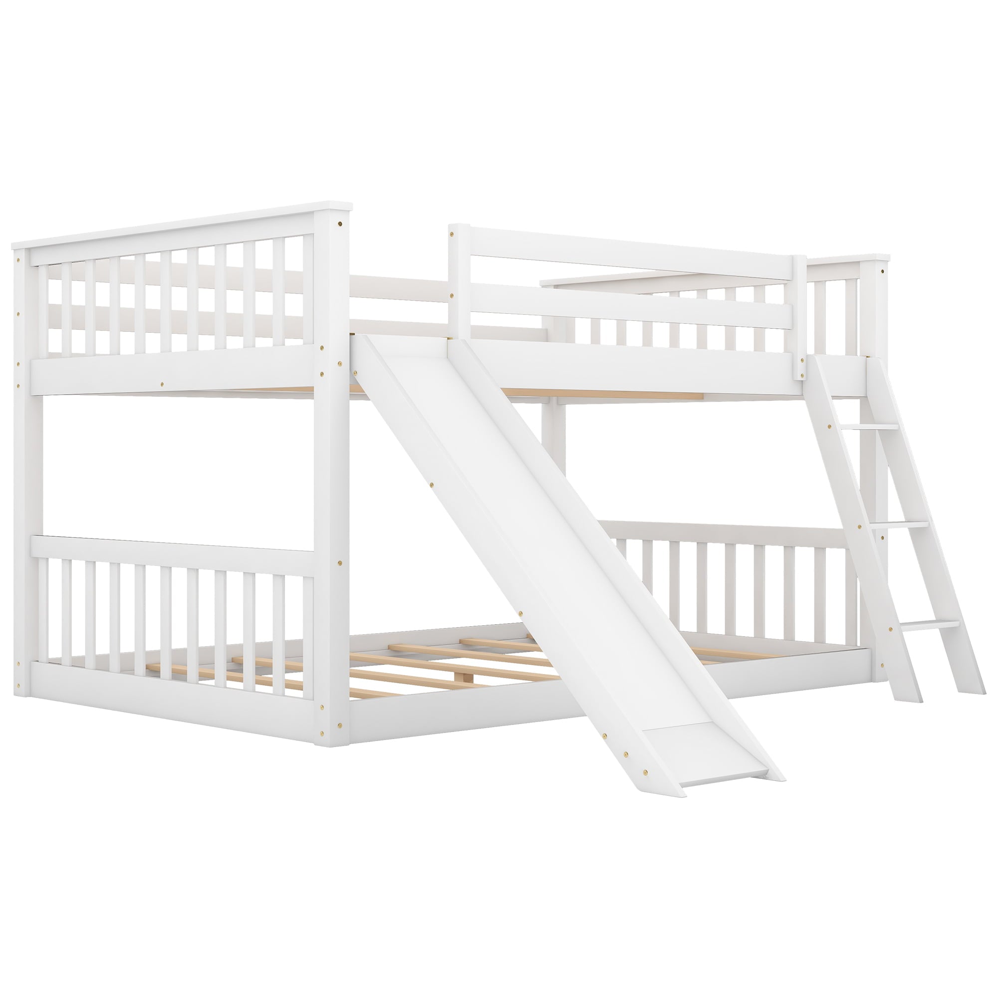 Euroco Full over Full Floor Bunk Bed with Slide and Ladder for Kids Bedroom, White