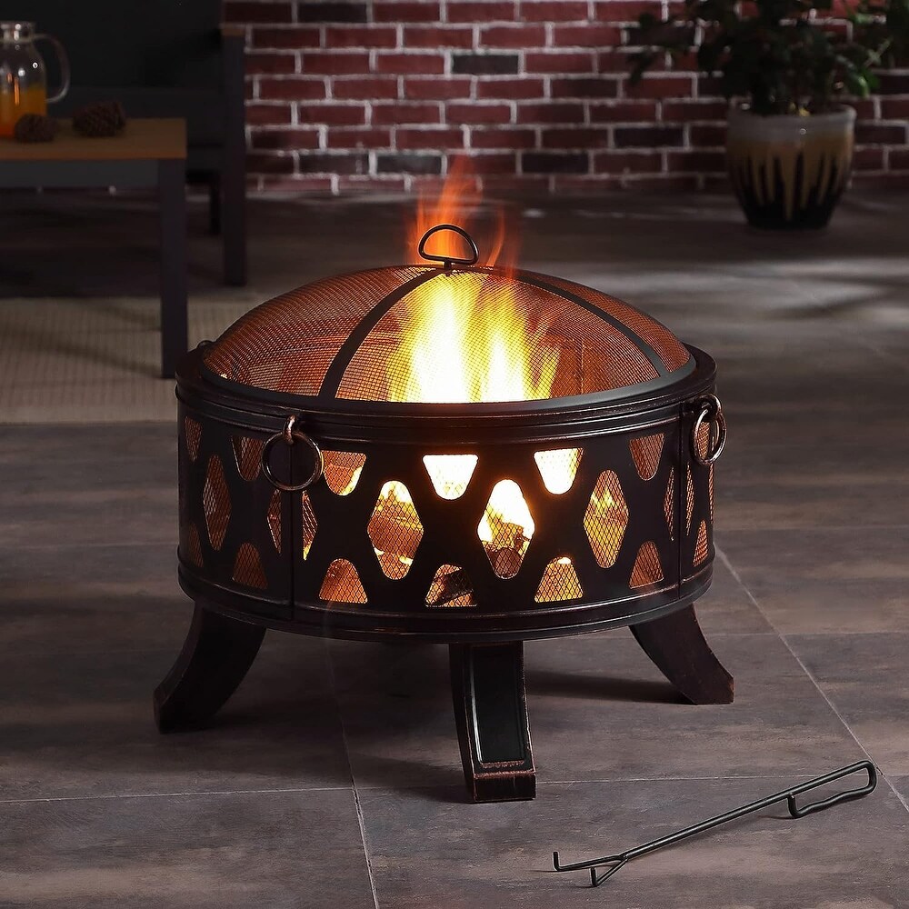 26 Inch Outdoor�C Wood Burning Fire Pit with Mesh Lid and Fire Picker  Outside Small Fire Pits for Backyard  Porch  Deck  BBQ