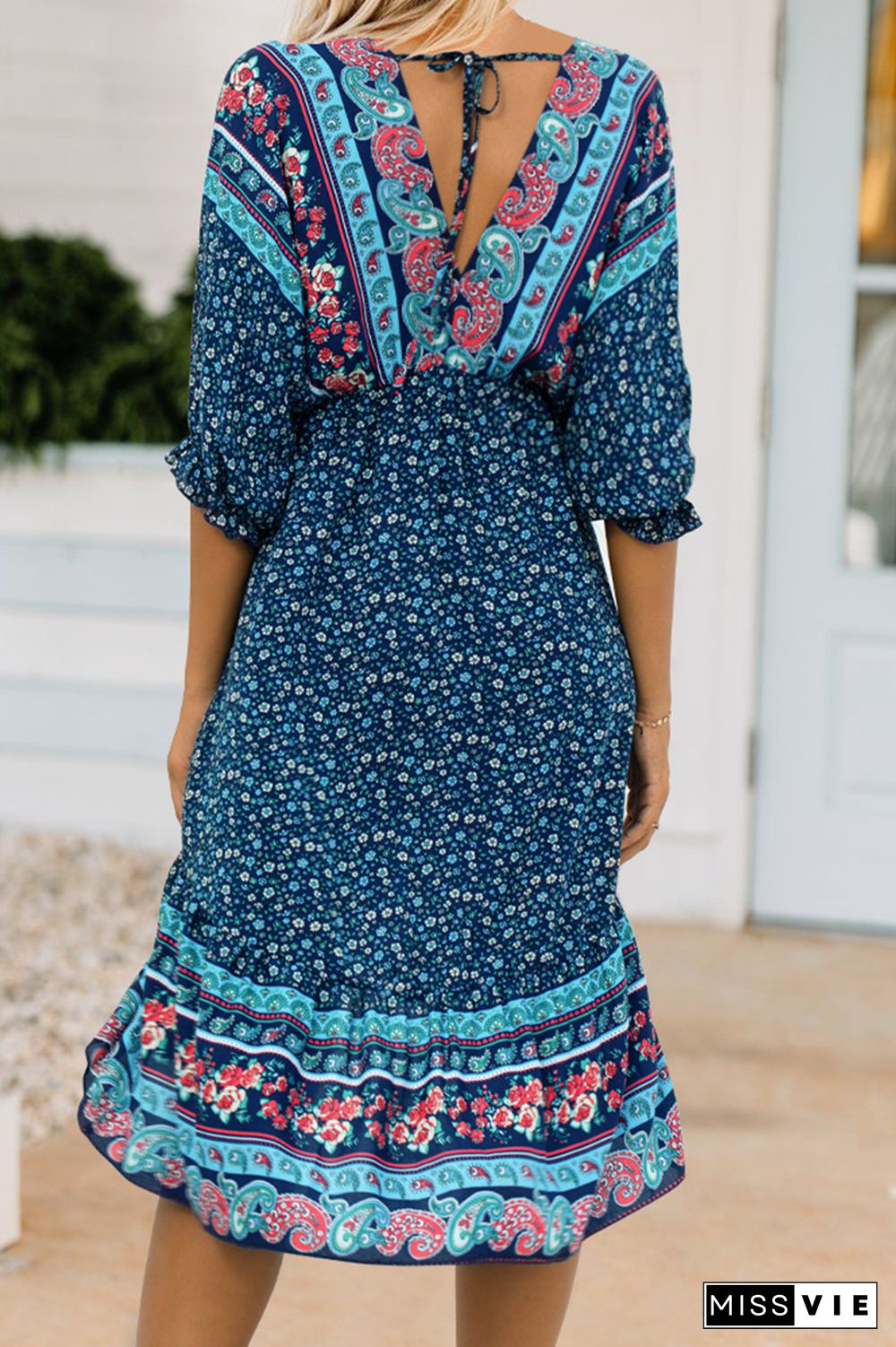 Casual Print Split Joint V Neck Irregular Dress Dresses