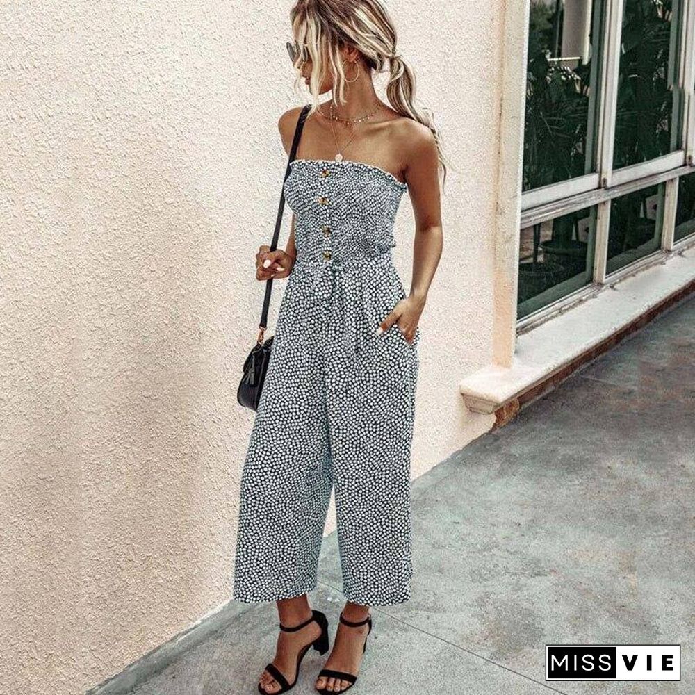 Floral Long Jumpsuit Elegant Women Backless Romper Summer Jumpsuit Female Cotton Pocket Ladies Strapless Overalls For Women