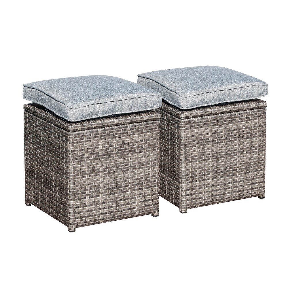 Patio Cushioned Wicker Ottoman Outdoor Rattan Stools (Set of 2)