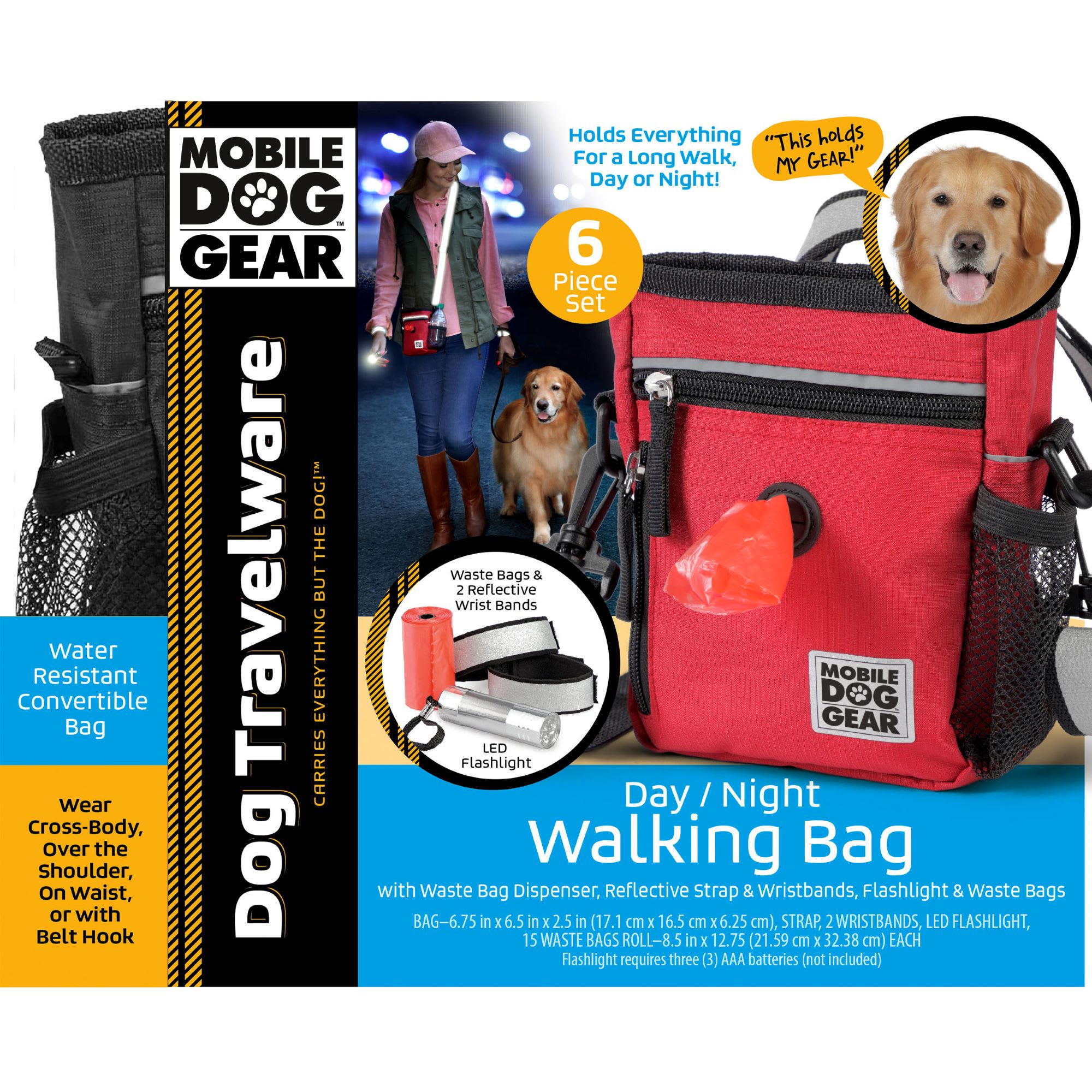 MOBILE DOG GEAR Black Day/Night Walking Bag， Count of 6