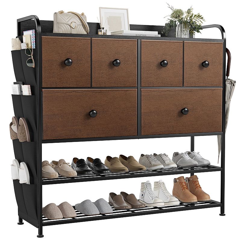 REAHOME 6 Fabric Drawer Dresser with 2 Tier Storage Shelf and Pockets， Espresso