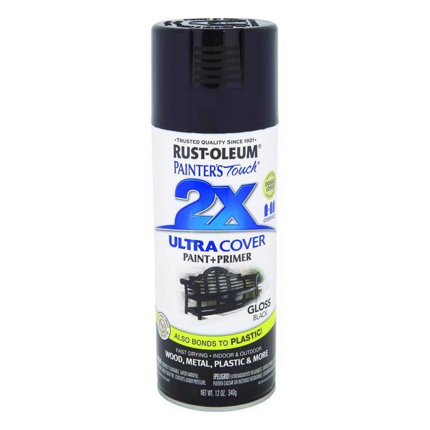 Rust-Oleum Painter\u0027s Touch 2X Ultra Cover Gloss Black Paint+Primer Spray Paint 12 oz