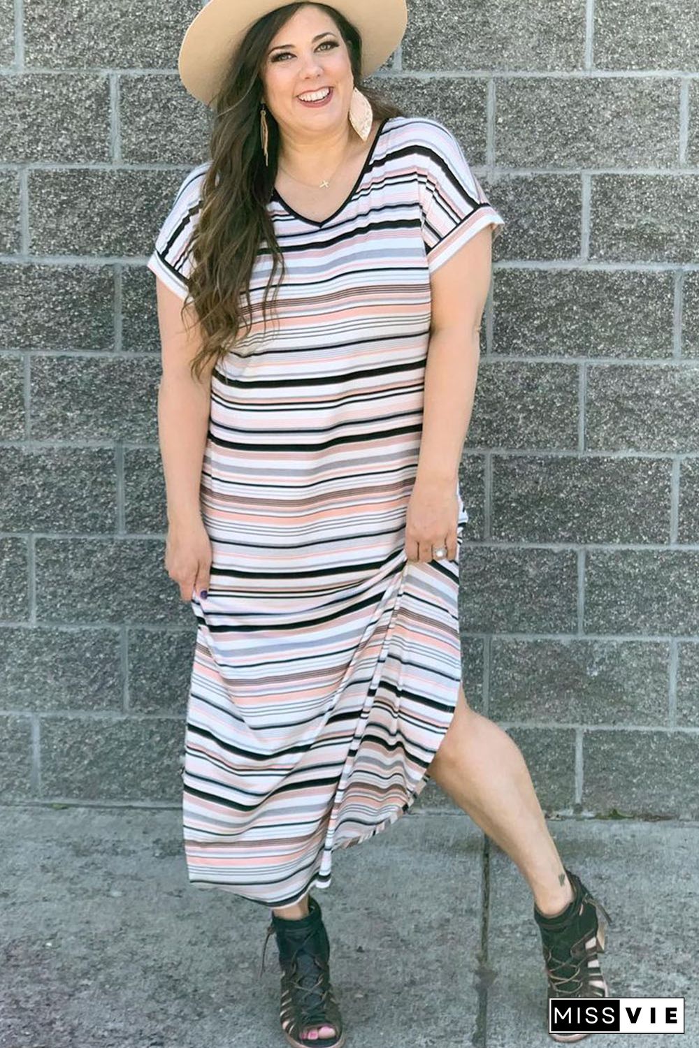 White Striped Print V Neck Side Split Plus Size Dress