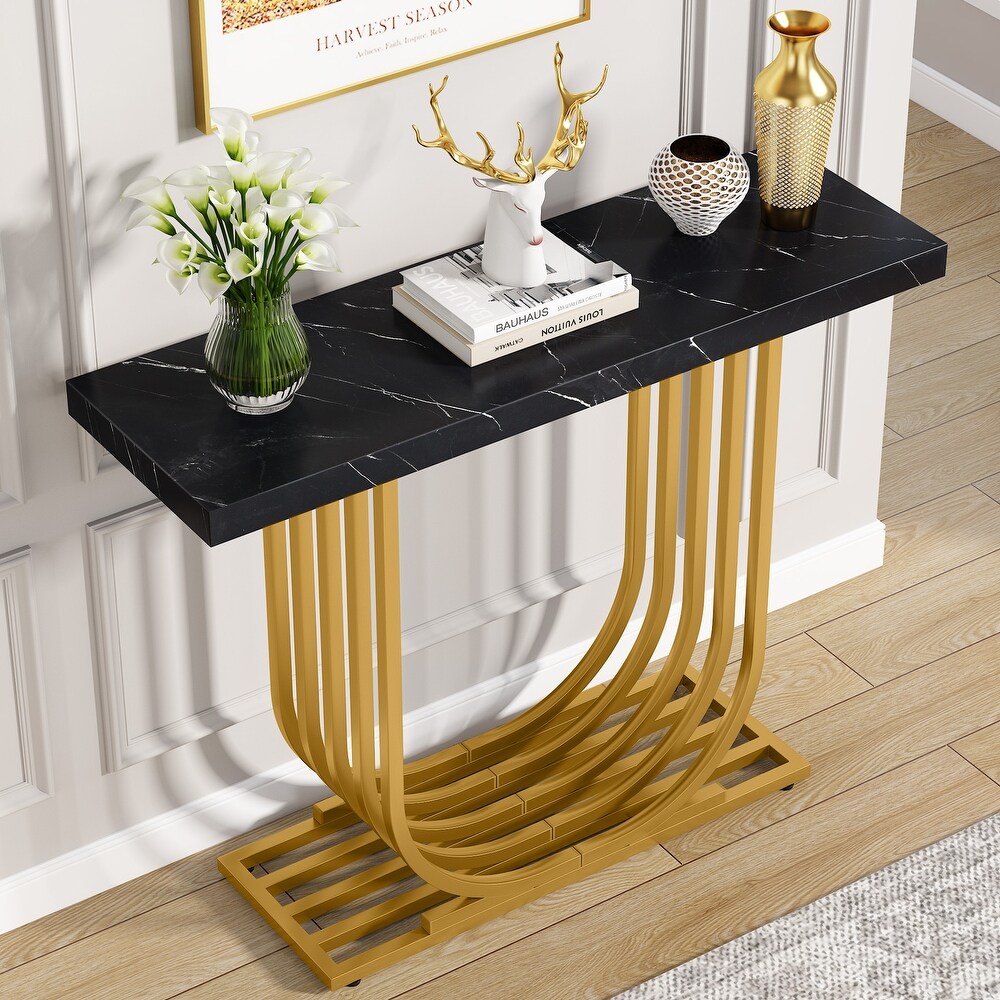 Modern Console Table  Faux Marble Entryway Foyer Table  Sofa Accent Table with Gold Metal Legs