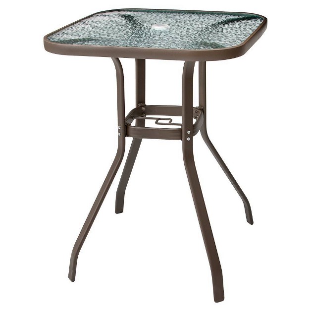 Square Patio Bar Height Table With Tempered Glass Top amp Umbrella Hole Brown Crestlive Products