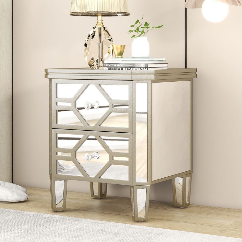 Silver Elegant Mirrored 2 Drawer Side Table with Golden Lines
