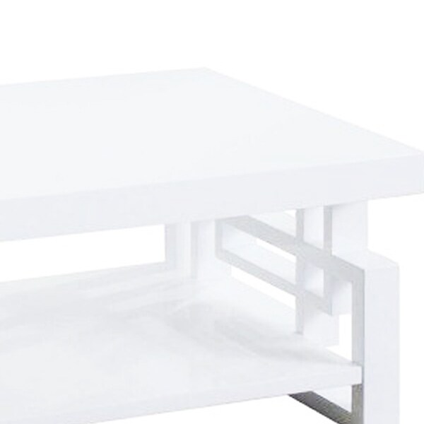 Contemporary Wooden Coffee End Table With Designer Sides and Shelf， Glossy White