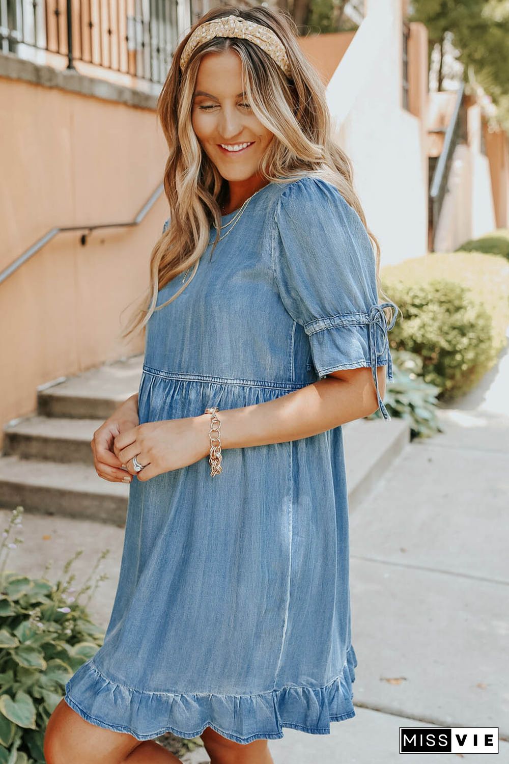 Blue High Waist Ruffled Denim Dress