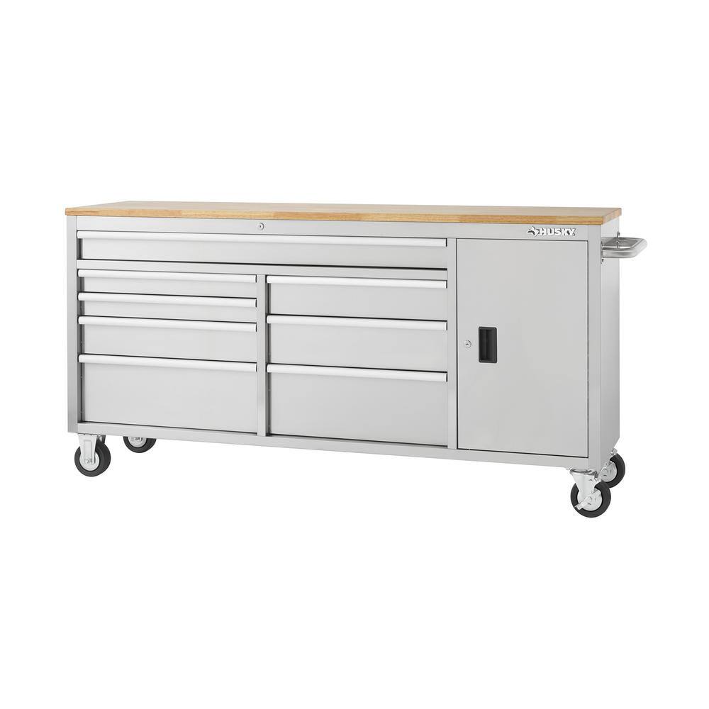 Husky 72 in. W x 18 in. D Heavy Duty 8-Drawer 1-Door Mobile Workbench Tool Chest with Solid Wood Top in Stainless Steel HYLS-7208