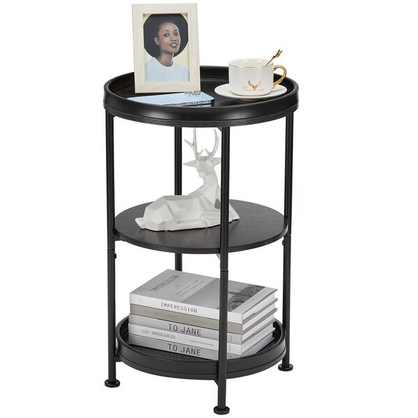 Round Industrial Sofa Table with 3 Storage Shelves，Black