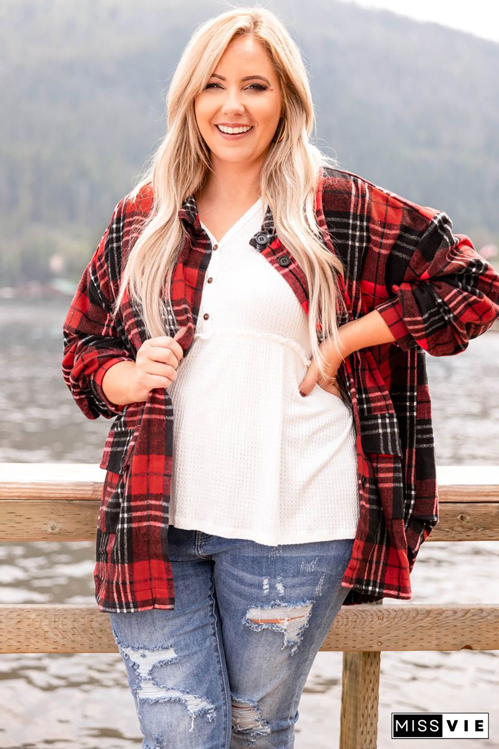 Plaid Print Buttoned Long Sleeve Plus Size Shirt