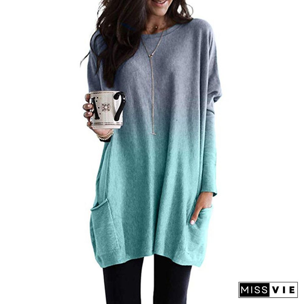 Women's Casual Long Sleeves Round Neck Pocketed T-shirts Loose Gradient Sweatshirt TunicTops Plus Size XS-5XL