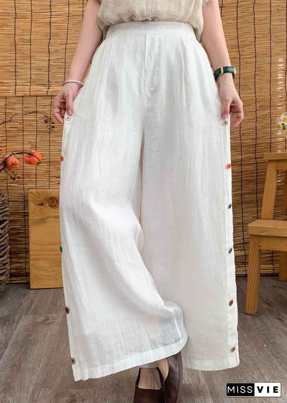 Elegant White Elastic Waist Linen Wide Leg Pants Summer