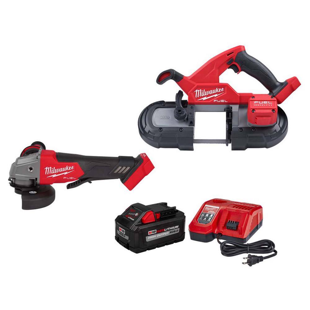 MW M18 FUEL 18-Volt Lithium-Ion Brushless Cordless Compact Bandsawith FUEL Grinder with 8.0 Ah Starter Kit 2829-20-2880-20-48-59-1880