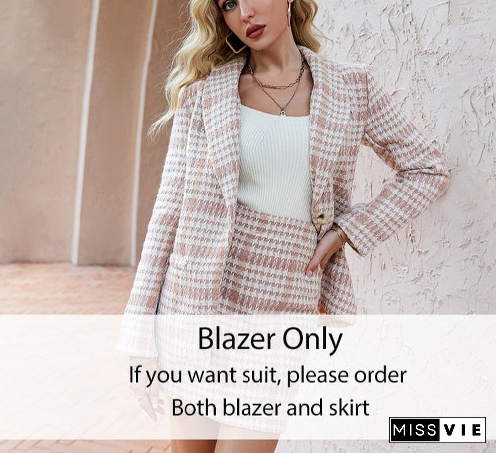 Vintage Houndstooth V-Neck Women Blazer Suit Office Lady Plaid Shoulder Pads Pink Two Pieces Set Pocket Mini Dress Sets