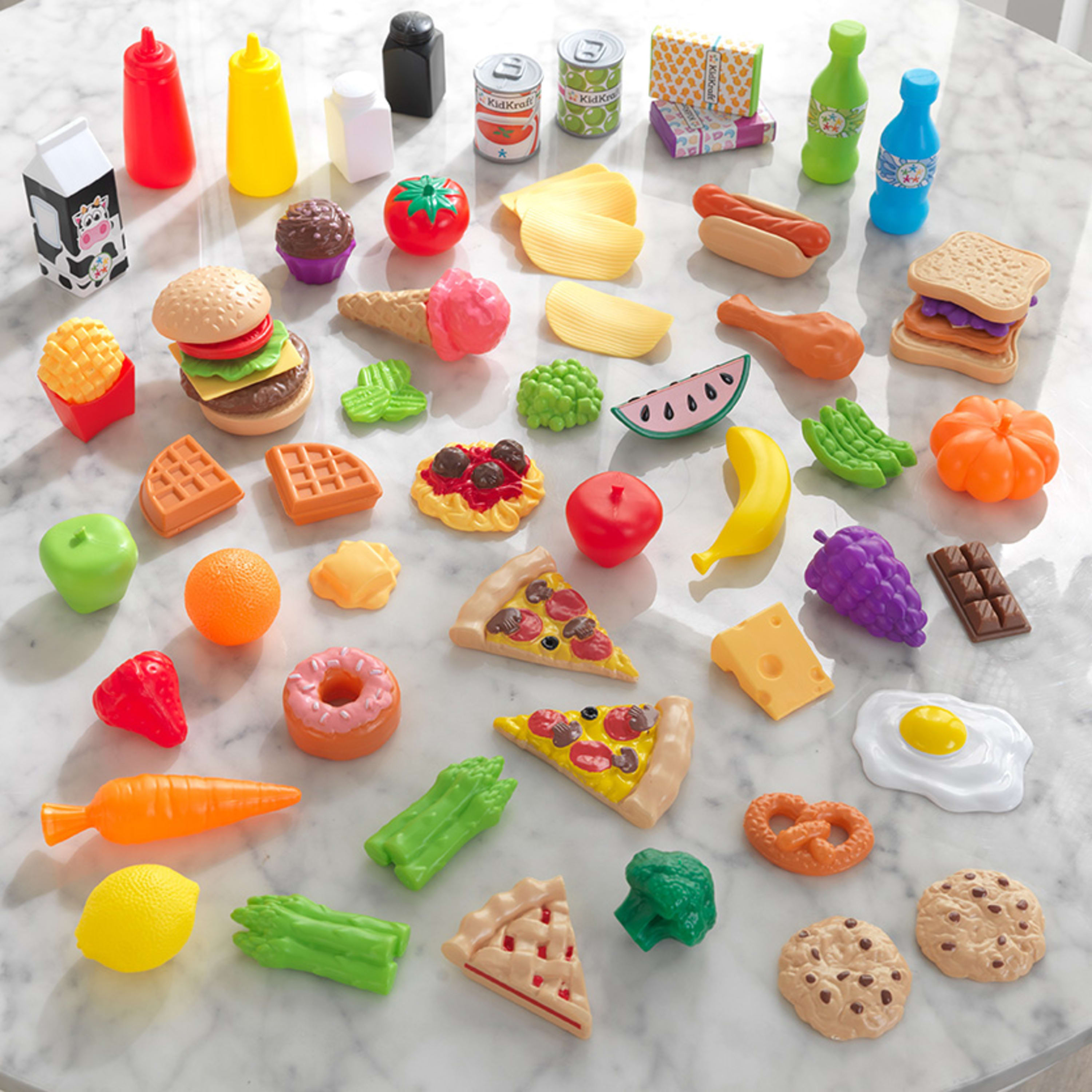 KidKraft 65-Piece Plastic Play Food Set for Play Kitchens, Fruits, Veggies, Sweets, and More