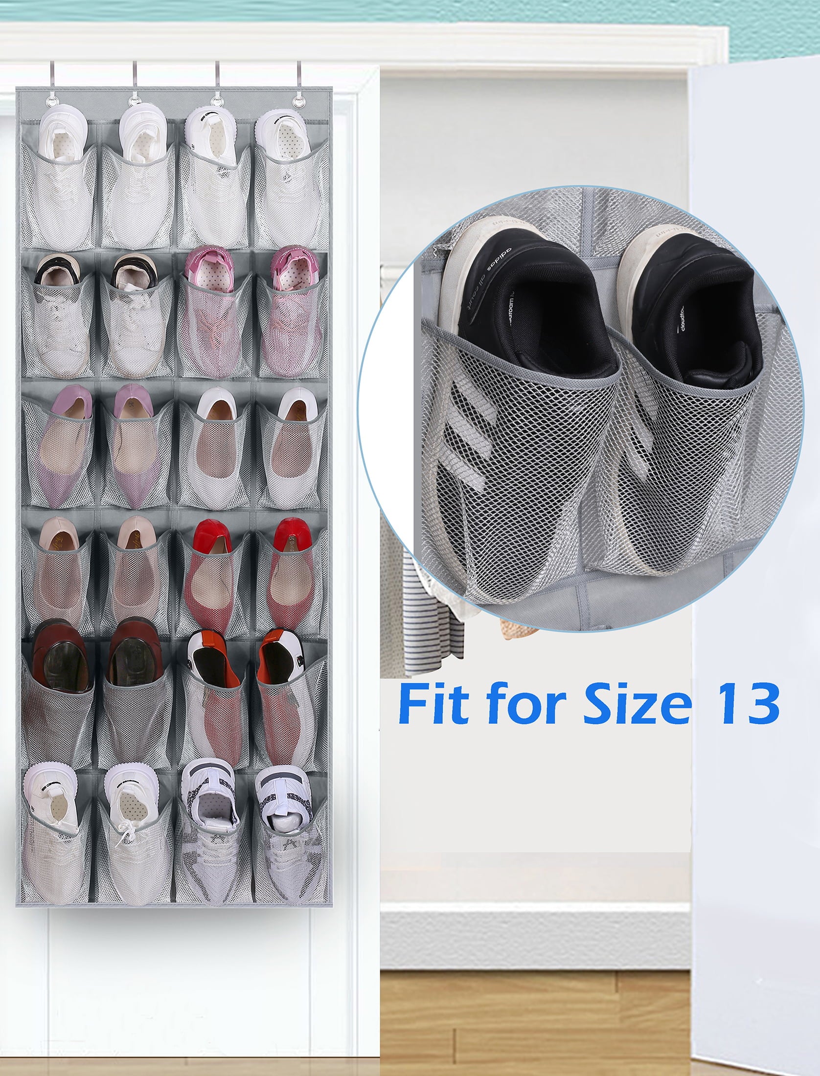 MISSLO 24 Pockets Closet Shoe Organizer Large Hanging Door Shoe Rack for Men Kids Over the Door Mesh Shoe Storage Hanger Holder， Gray