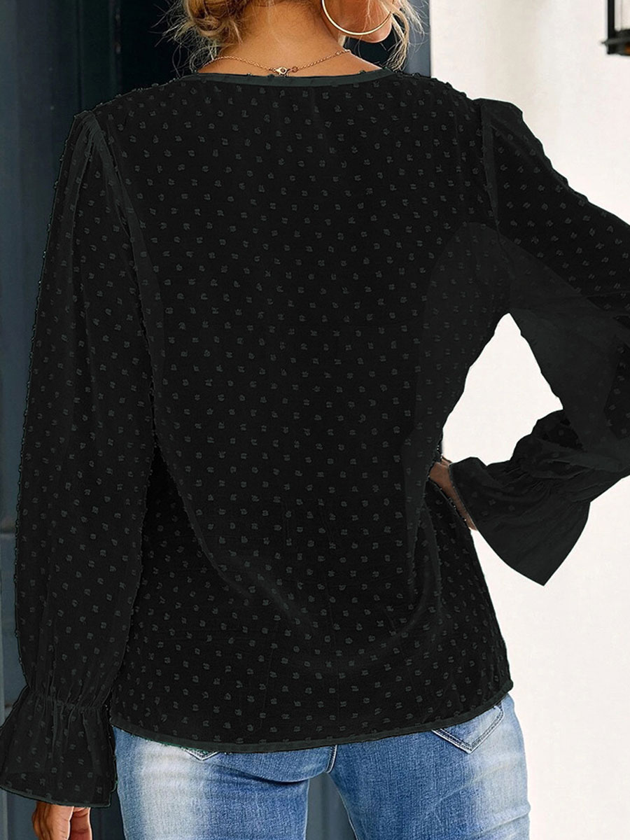 V-neck Casual Loose Jacquard Long-sleeved Blouse