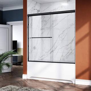 60 in. W x 57 in. H Double Sliding Semi-Frameless Tub Doors in Matte Black Finish Clear Glass WPT-020-6057CO