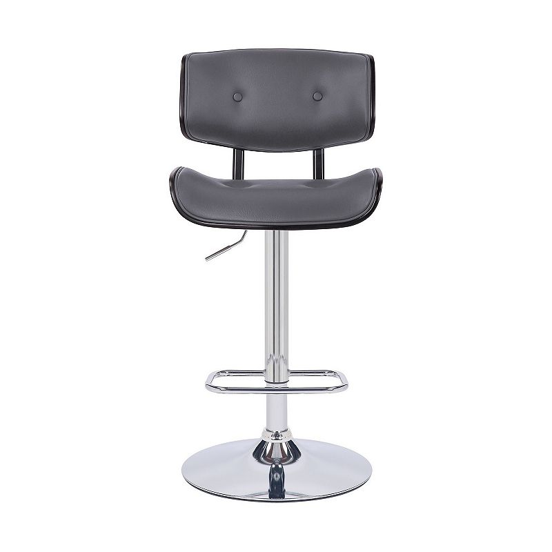 Bar Stool with Leatherette Button Tufted Back and Seat， Gray and Silver