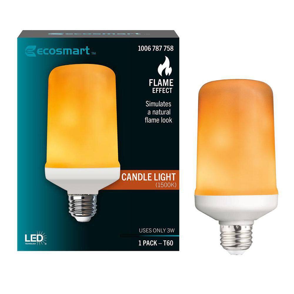 EcoSmart 3-Watt Equivalent T60 Cylinder Flame Design LED Light Bulb Amber (1-Pack) CFLAME2LEDESM