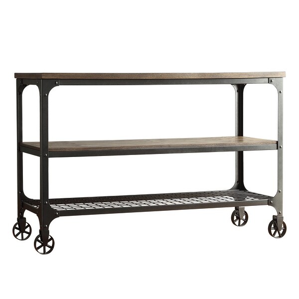 Avery Industrial Wood and Metal Console Table with Wheels， Black/Brown Finish