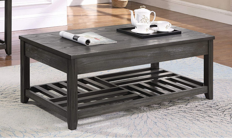 Rustic Coffee Table  Lift Up Top With Checkerboard Slatted Shelf  Grey Finish   Industrial   Coffee Tables   by Declusia  Houzz