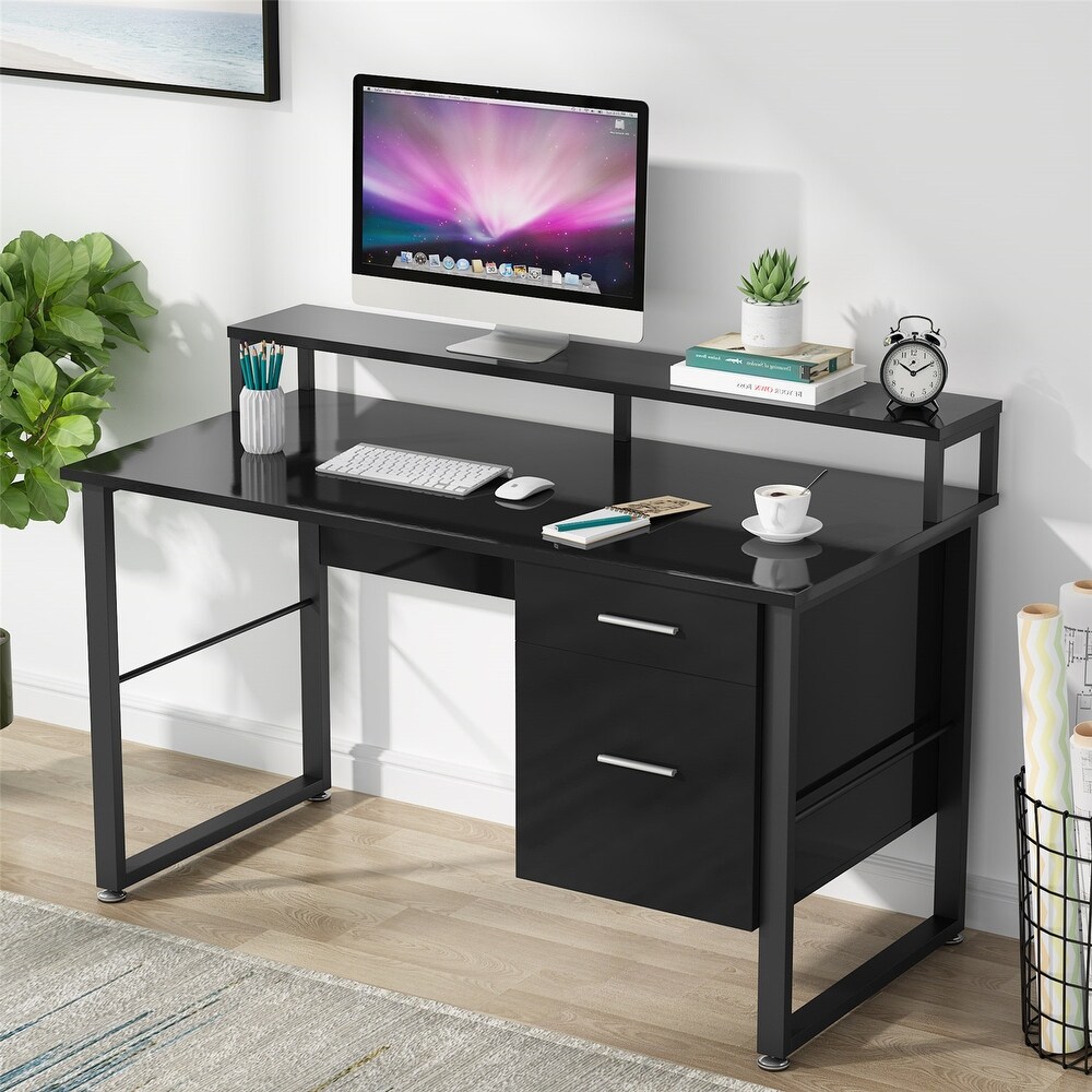 47 Inches White Computer Desk with Hutch  Home Office Desks with 2 Drawers Storage