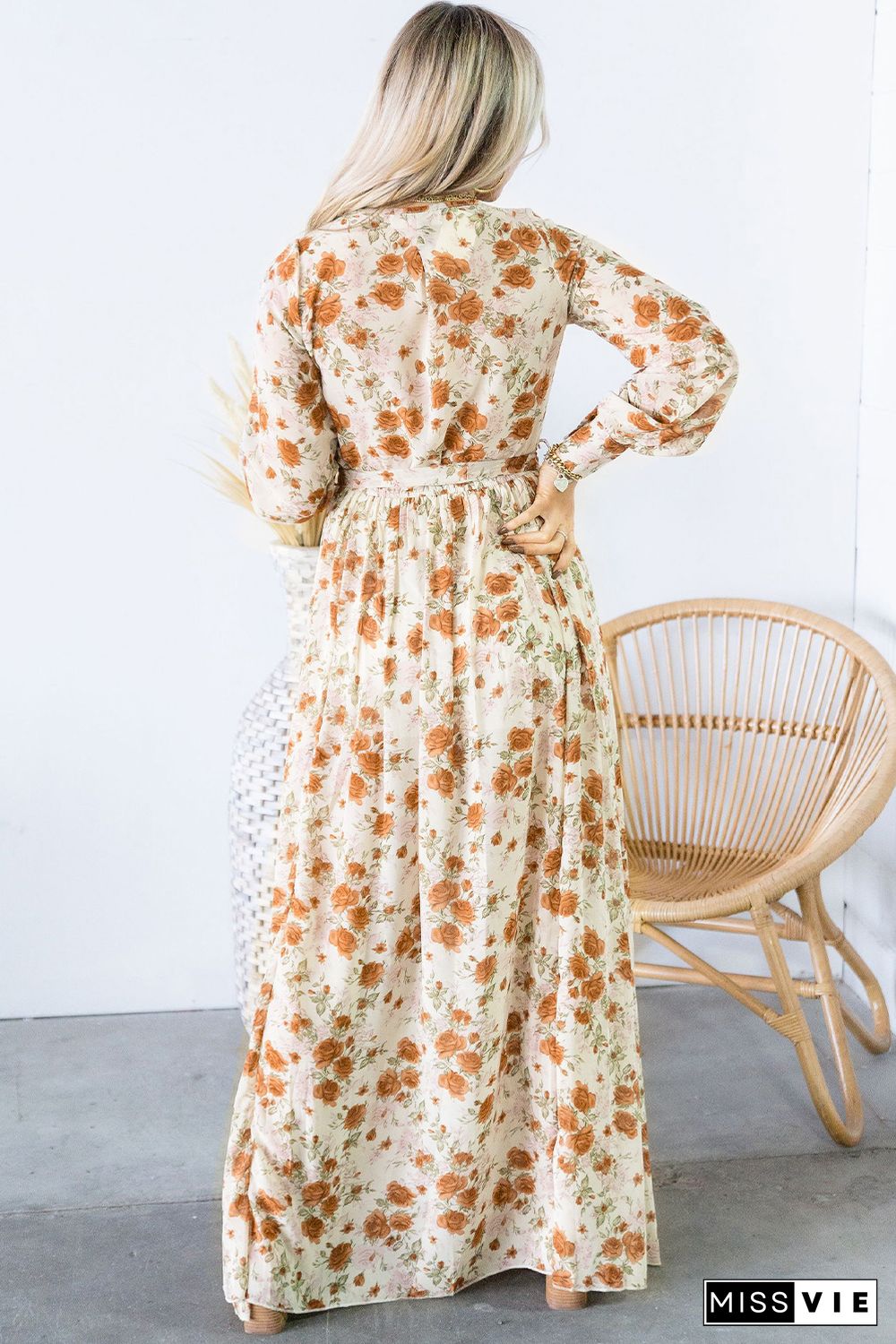 Orange Wrap V Neck Maxi Floral Dress with Side Slit