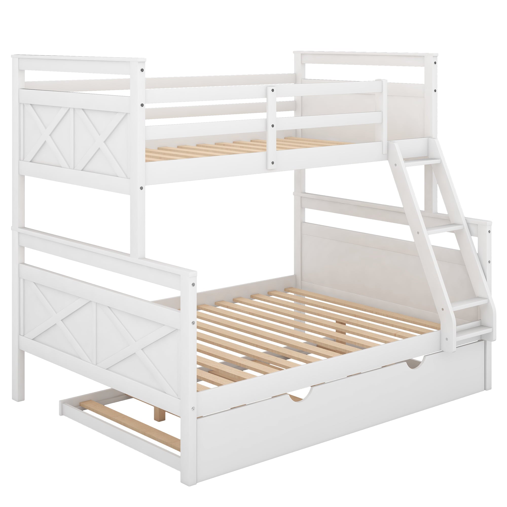 Euroco Wood Twin over Full Bunk Bed with Trundle for Kids & Adults for Bedrooms, White