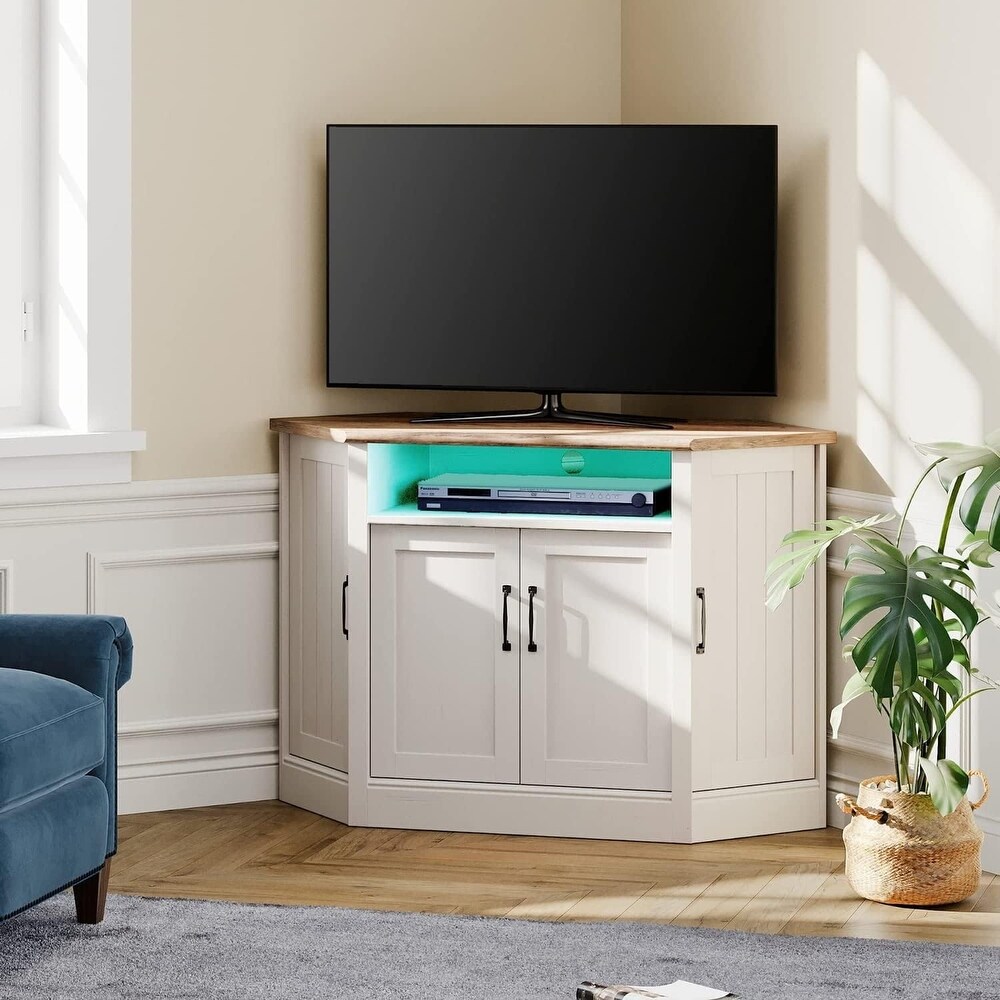 WAMPAT Corner TV Stand for TVs Up to 55 inch  Farmhouse Corner Entertainment with Open Shelves and Door Cabinet for Living Room