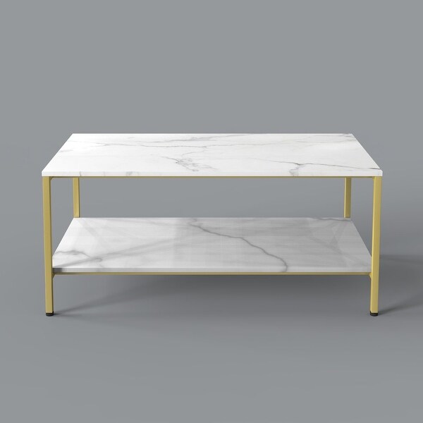 Benton Park Faux Marble Rectangular Coffee Table， Gold Frame