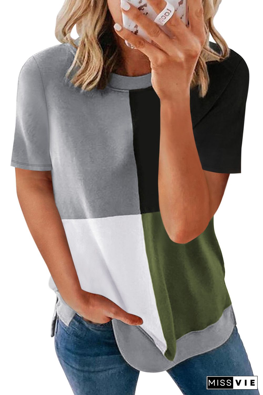 Army Green Colorblock T-shirt with Slits