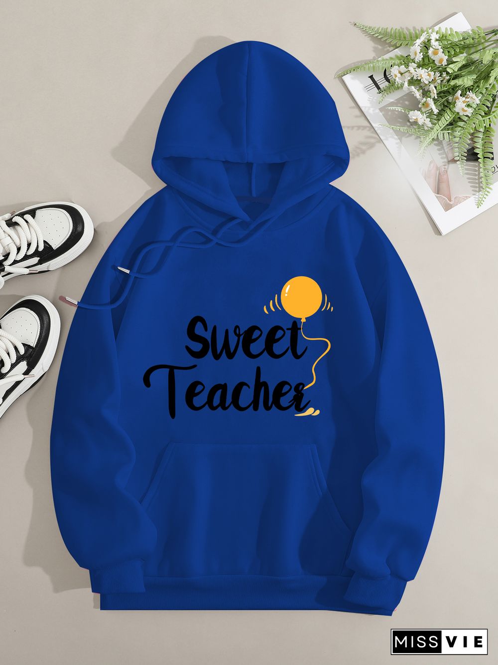 Printed on front Kangaroo Pocket Hoodie Long Sleeve for Women Pattern Sweet teacher