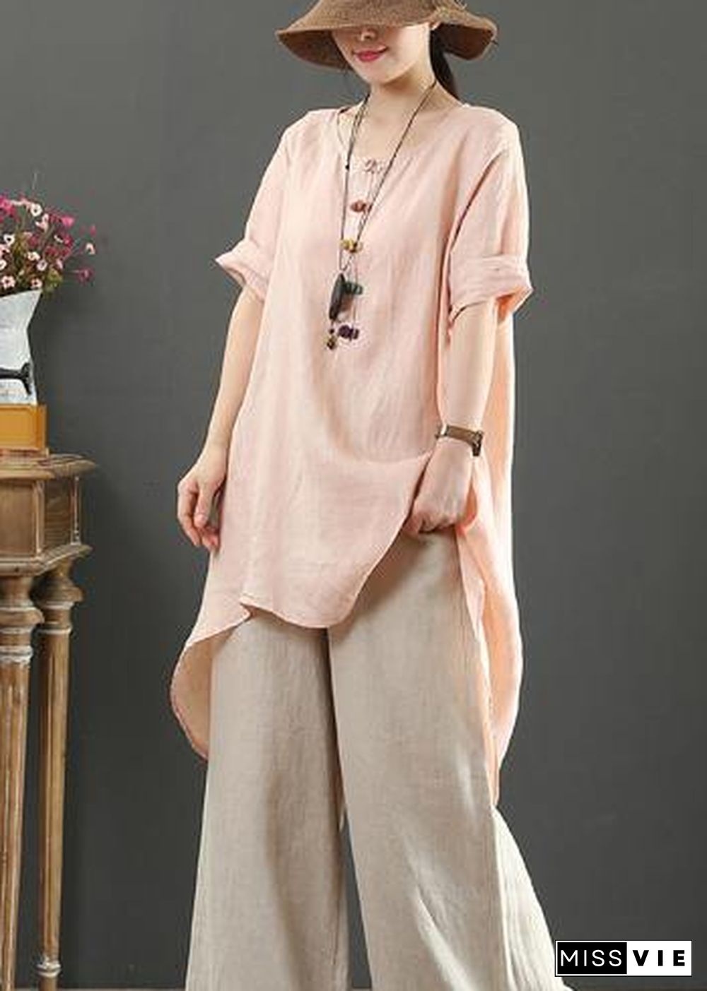 Loose o neck asymmetric linen summer linen tops women pattern pink shirts