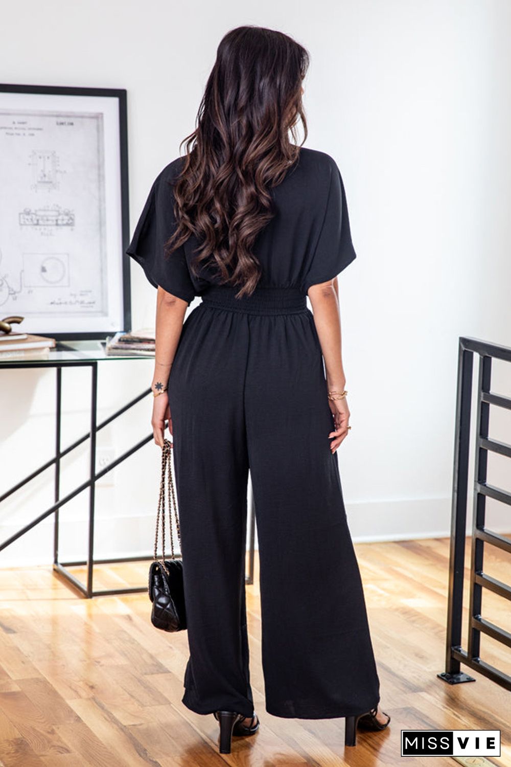 Black Deep V Neck High Waist Wide Leg Jumpsuit